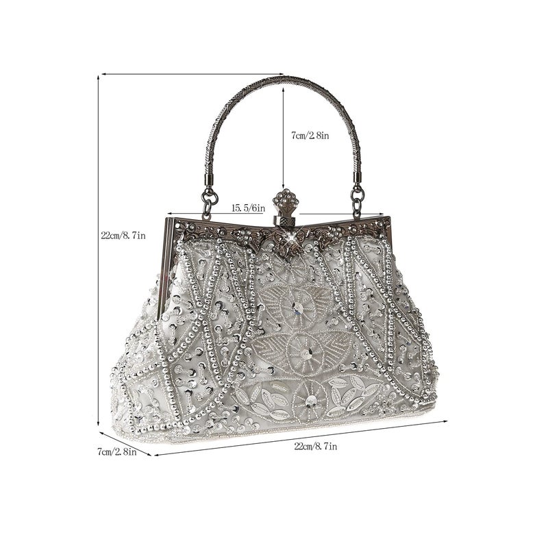 DA BODAN Women's Evening Bag Vintage Beaded Sequin Pearl Clutch Handbag Shoulder Bag Purses for Wedding Bridal Prom Party (Silver) - Image 3